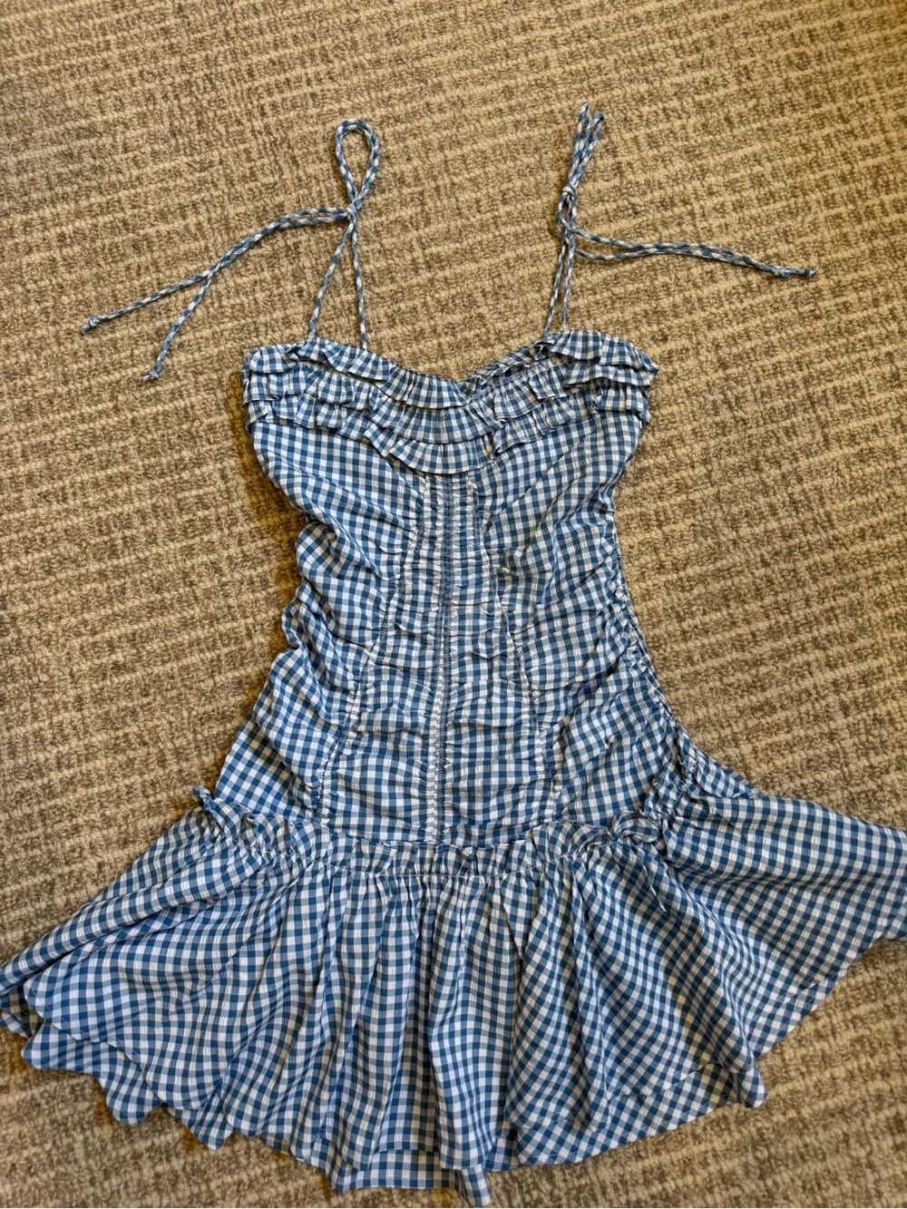 Blue Gingham Mini Dress with Tie Straps